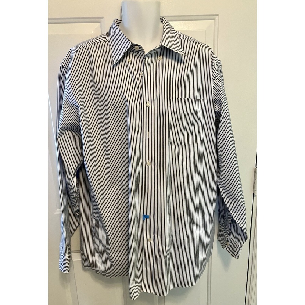 LL Bean Button Down Dress Shirt Men's 17.5-36 Blue White Striped Wrinkle Resist